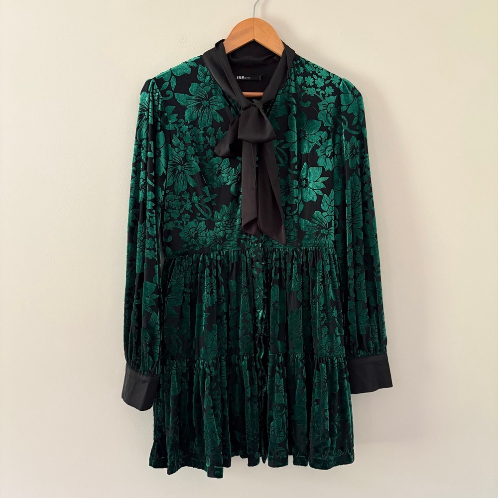 INA Dress Burnout Velvet Floral L Green Black Babydoll Tie Neck Bow Mini